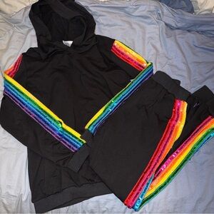 Lola + The Boys - Black Jogger Hoodie set with Rainbow Sequin Stripes